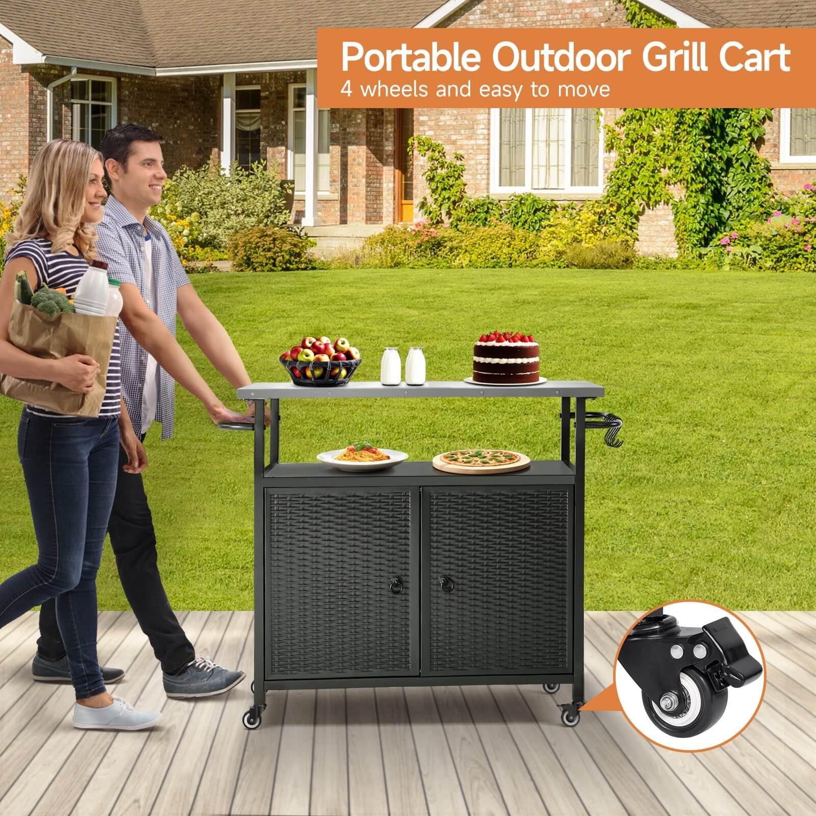 3-Tier Mobile Kitchen Island Cart | Stainless Steel BBQ Prep Table with Wheels, 71 Gal Storage for Outdoor Cooking, Parties & Backyard Fun - Black