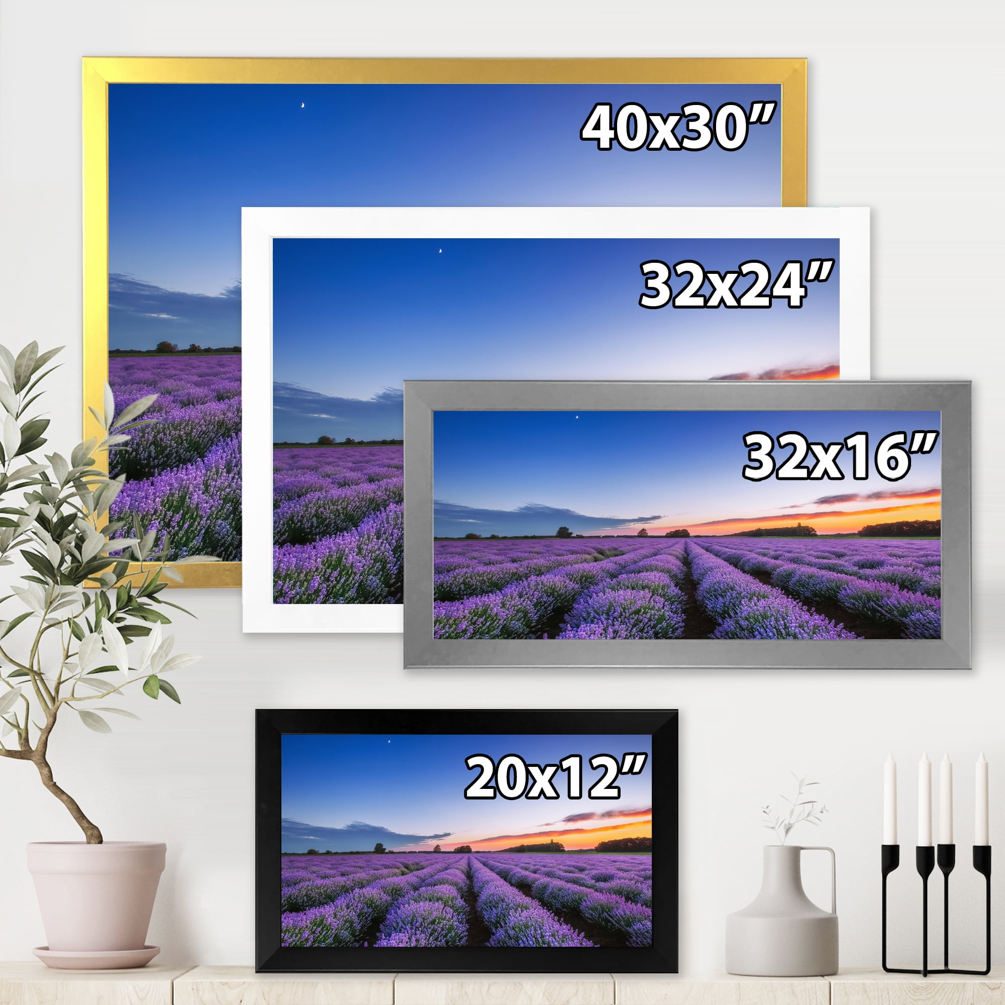 Designart 'Dramatic Clouds and Sunrise Over Lavender Field I' Farmhouse Framed Art Print