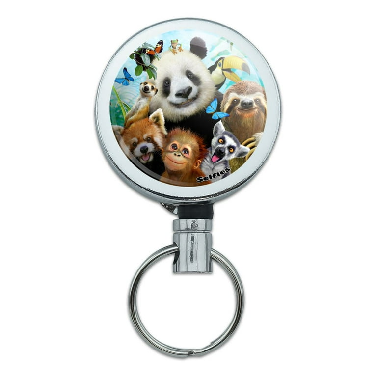 Zoo Animals Selfie Panda Bear Sloth Meercat Monkey Lemur Heavy Duty Metal Retractable Reel ID Badge Key Card Tag Holder with Belt Clip