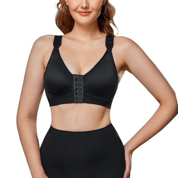 Gotoly Women Post Surgery Bra Front Closure Sport Bra Removable Pads Wirefree(Black Large