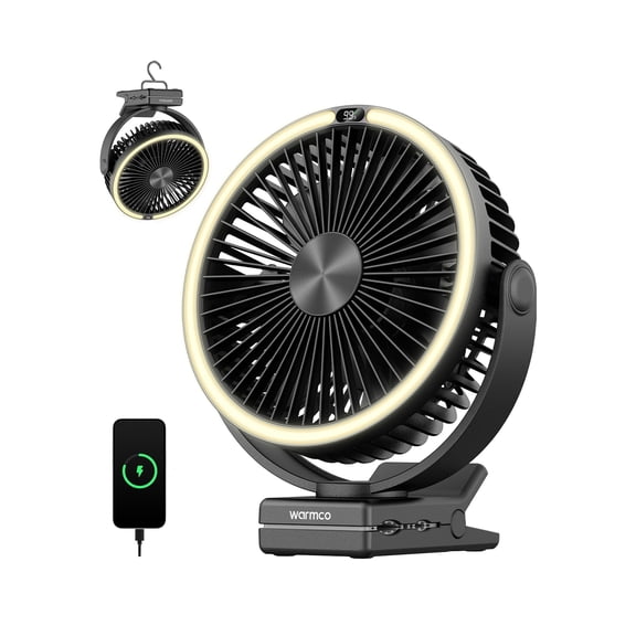 Warmco Portable Camping Fan Rechargeable 15000mAh, 8 Inch Battery Powered Desk Fan for Office with Clip Hook and LED Light