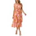 thumbnail image 2 of INSPIRE CHIC Vestido Midi de Manga Corta con Volantes en Capa y Cuello en V Floral para Mujeres M Naranja, 2 of 6