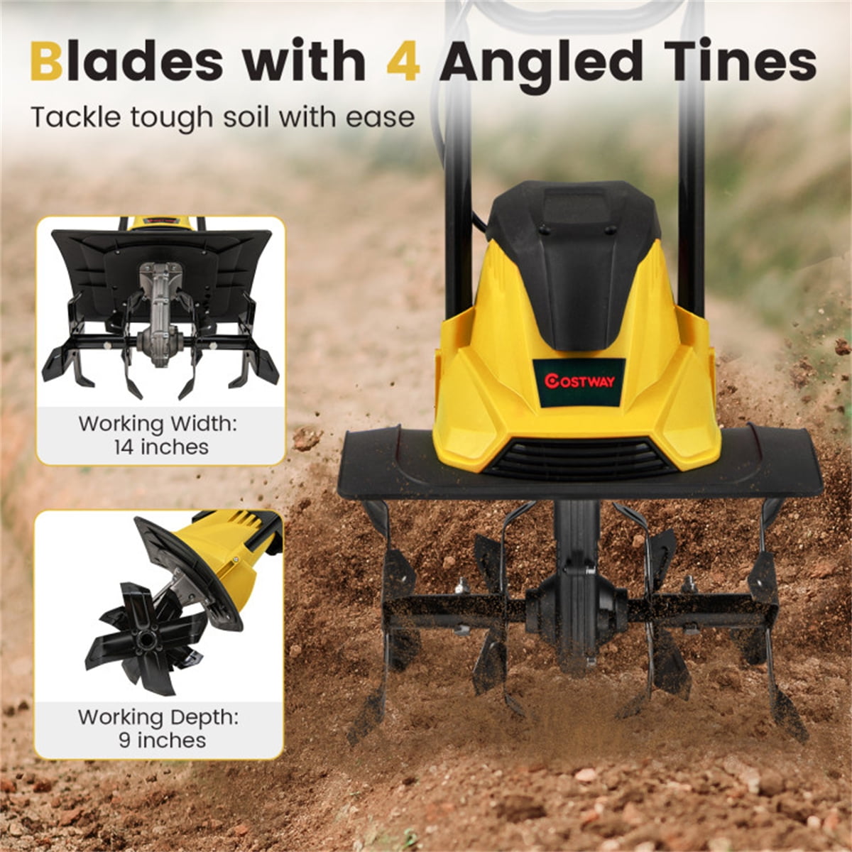 10 Amp Electric Tiller - 1200W Garden Cultivator with 4 Blades 12.5" Working Width & 9" Depth 380 RPM Foldable Handle & Safety Switch Corded Soil Tiller for Home Gardening