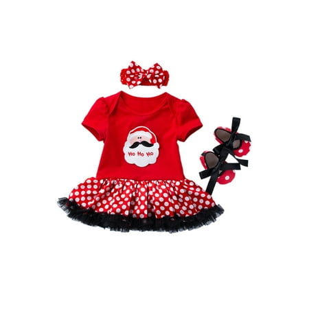 

Avamo Girls Christmas Dresses Set Xmas 3 Pieces Outfits Short Sleeve Jumpsuit Dress Holiday Sweet Casual Polka Dots Style F 59cm (0- 3M)