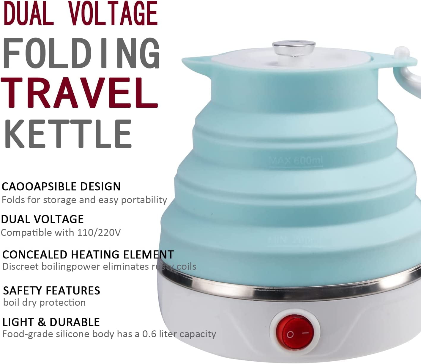 Portable Electric Kettle – Dual Voltage – Expandable & Collapsible for Easy  Storage – Convenient and Folding for Travel – BPA Free Food Grade Silicone