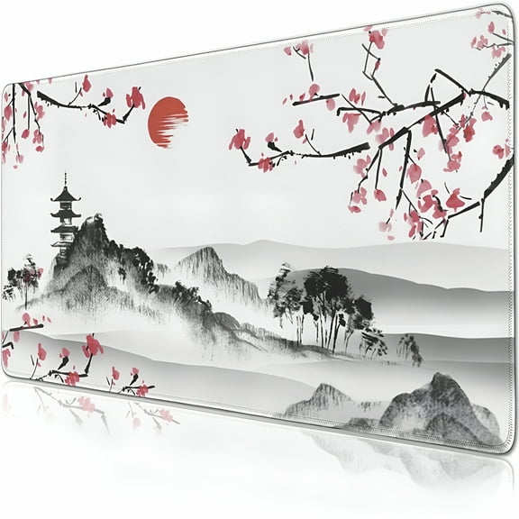 LAMIRO Cherry Blossom Mouse Pad Extended Gaming Mouse Pad (31.5x11.8 in) Large Non-Slip Rubber Base Desk Protector Sakura with Stitched Edges Full Desk Mousepad XL