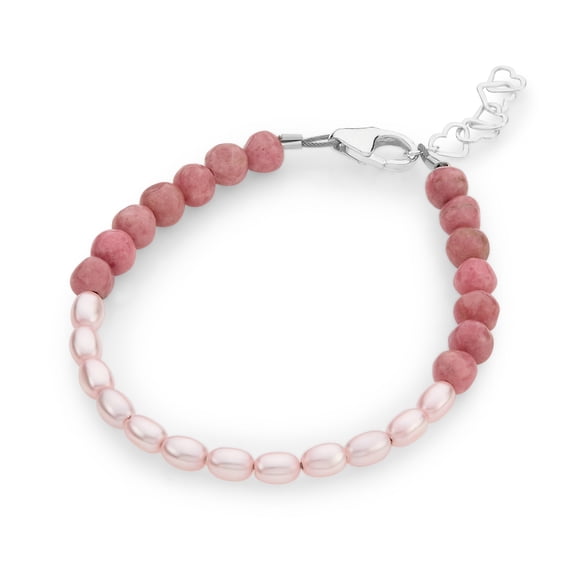 Dainty Infant/Child Bracelet With Rhodonite Beads, Austrian Pink Rice Pearls (B2126-MV)