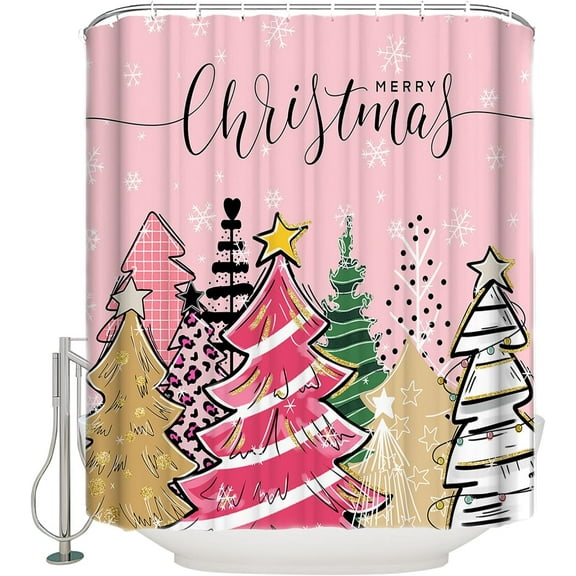 Merry Christmas Shower Curtain for Bathroom 36" x 72", Xmas Tree Snowflake Pink Shower Curtain with Hooks Polyester Waterproof Home Bathtub Decor