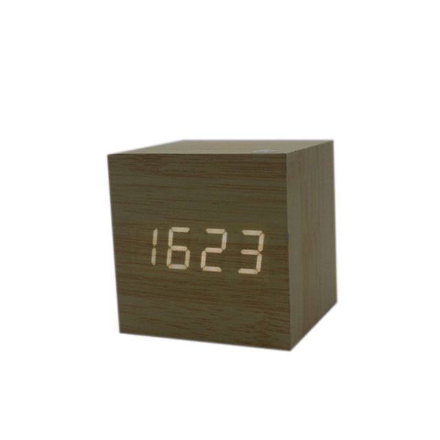 Square Cube USB Alarma de madera Reloj de escritorio digital Control de sonido Tiempo de temperatura Pantalla LED más brillante Sweethay DZ4615-05