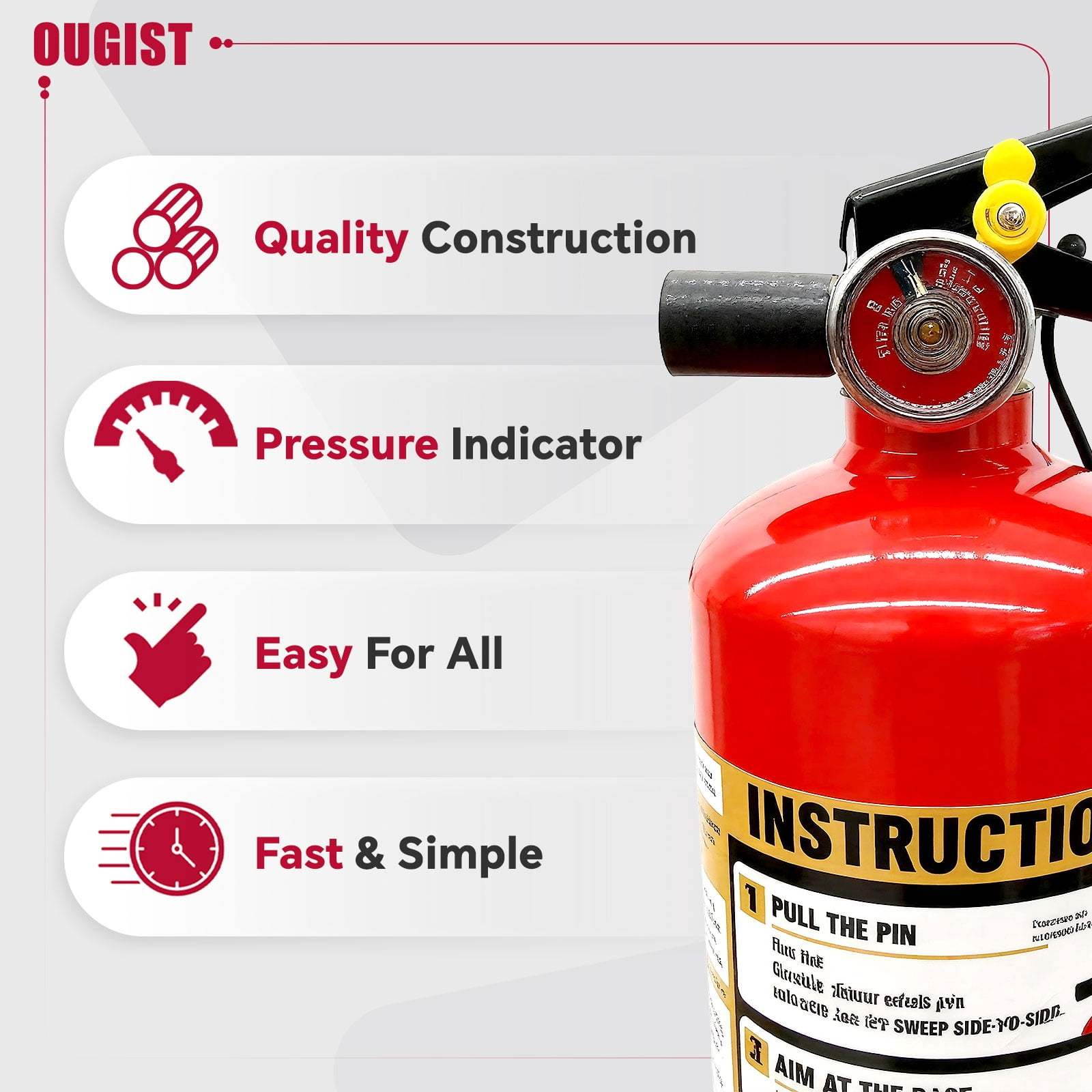 Ougist ABC Fire Extinguisher for Home & Vehicle, 2.5lb 1-A:10-B:C Rated, Certified for Kitchen/Car/Boat, Base Model