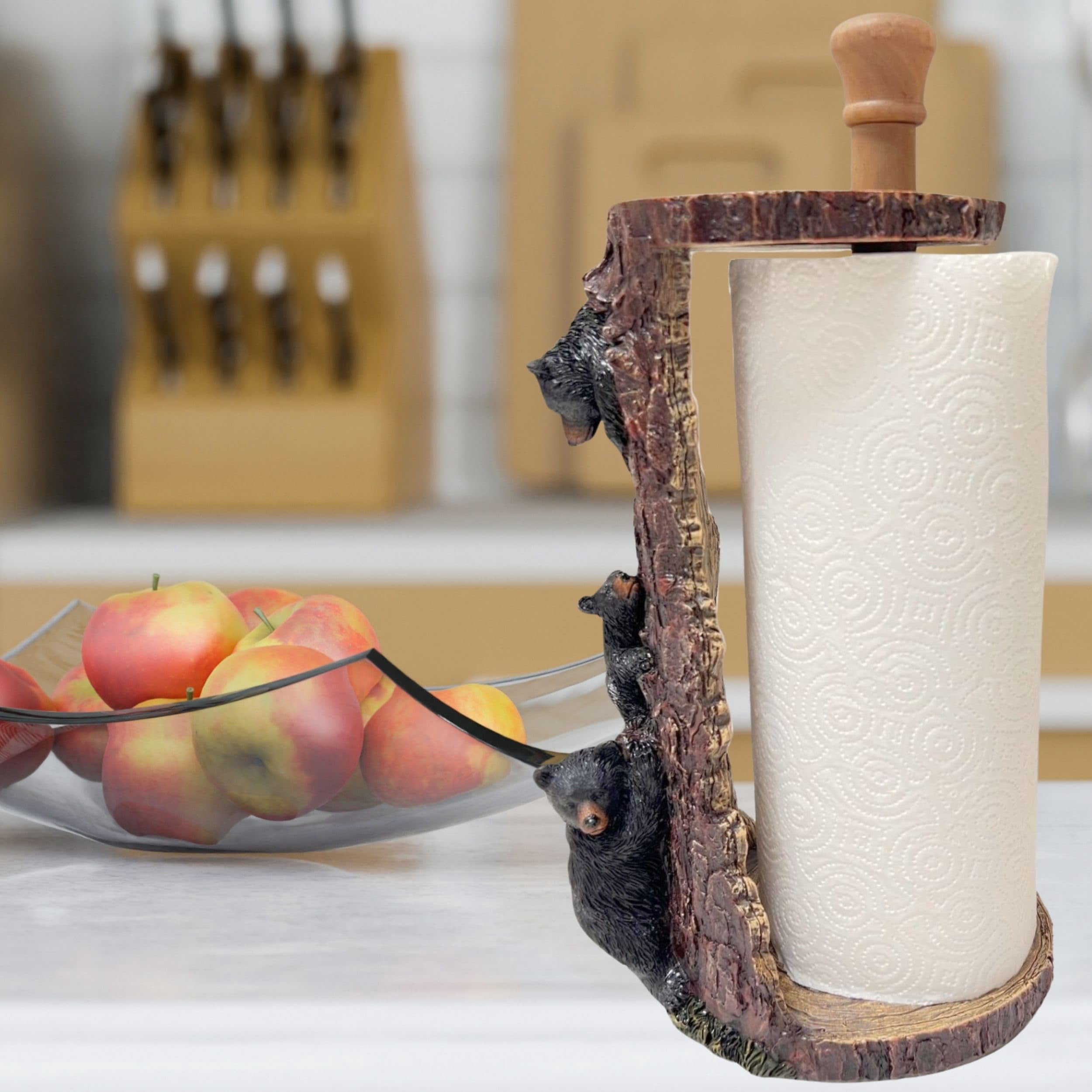 Freestanding Paper Towel Holder with Decorative Bear Design - Rustic Cabin Kitchen Countertop Décor Featuring a Black Bear Family Climbing on a Tree Trunk - Ideal Gift for Bear Lovers