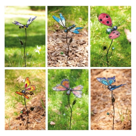 6 Assorted Garden Stakes: 2 Butterfly, 2 Dragonfly, 1 Bee, 1 Ladybug