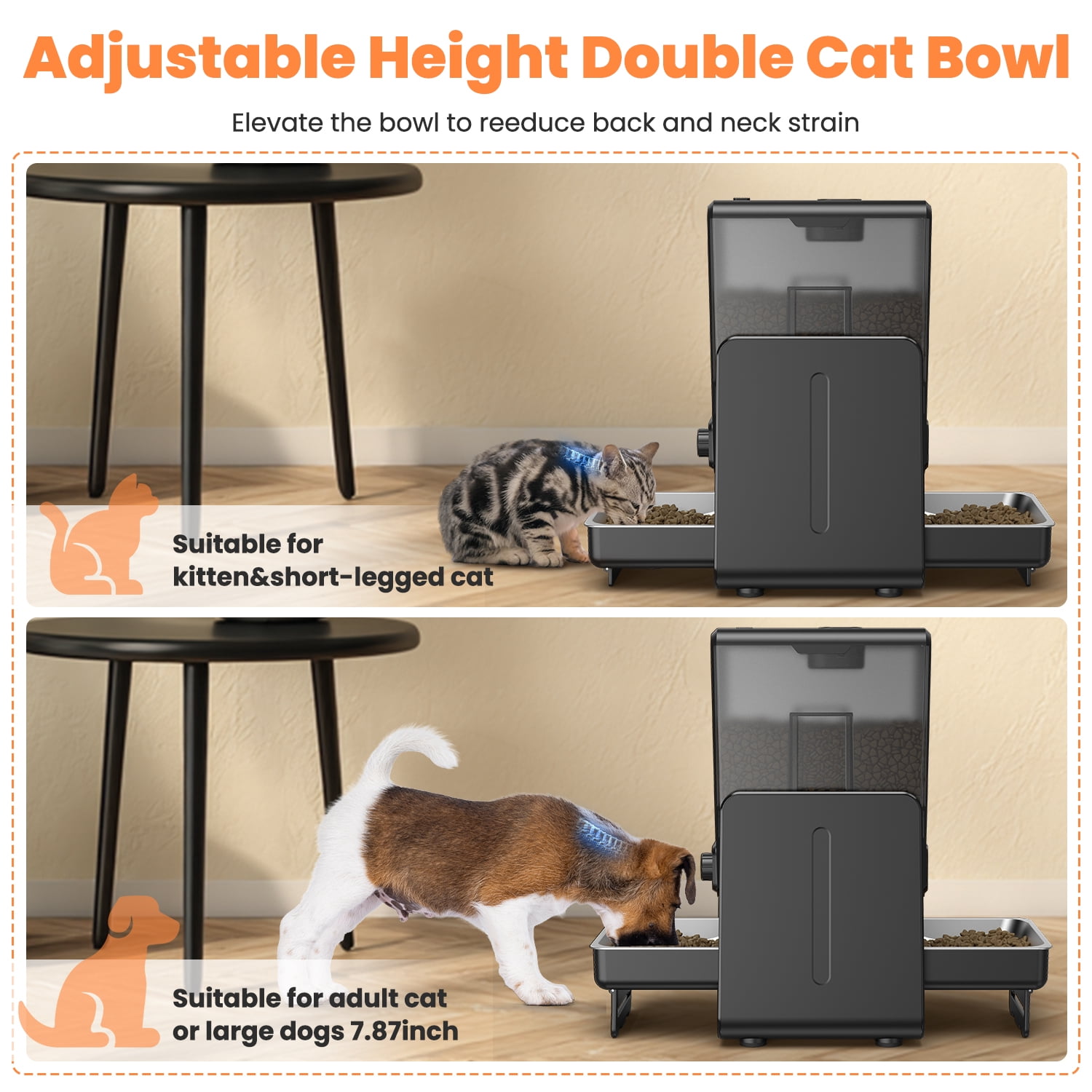 Dlopede Automatic Cat Feeder,5L,Bowls Timed Treat, Adjustable Height, 2 304 Stainless Steel Dual Pet Bowls for 2 Cats and Dogs