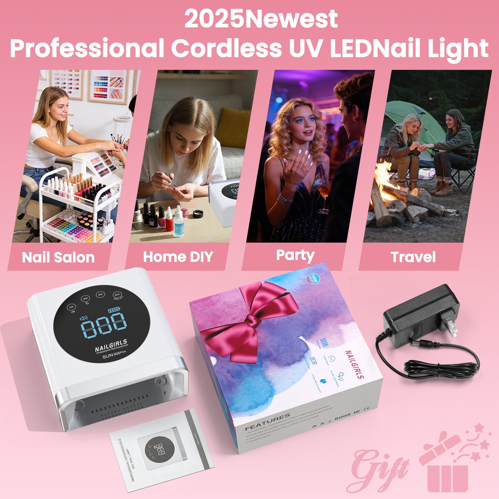 Rechargeable LED Nail Lamp, 150W Professional UV Nail Light for Gel Polish with 4 Timers & Smart Sensor, 36 PCS Powerful Lamp Beads, LCD Display for Nail Salon and Home