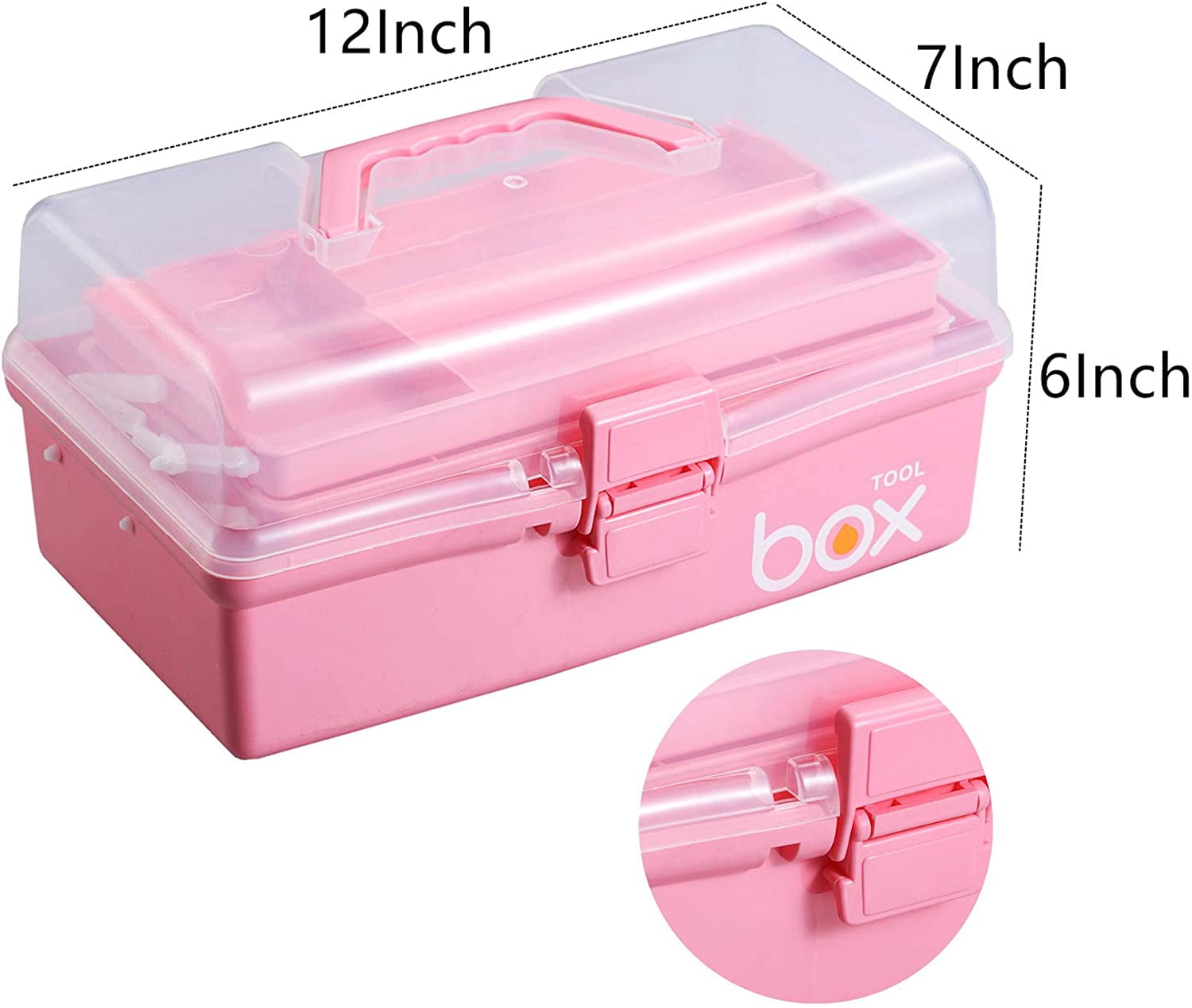 TERGOO 12in Three-Layer Multipurpose Storage Box Organizer Folding Tool Box/ Art & Crafts Case/Sewing Supplies Organizer/Medicine Box/Family First Aid  Box with 2 Trays (Pink)