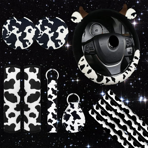 17-Piece Cow Print Car Accessory Set - Steering Wheel Cover, Coasters, Seat Belt Pads, Wrist Holder, Keychain, Air Conditioner Decorative Strips