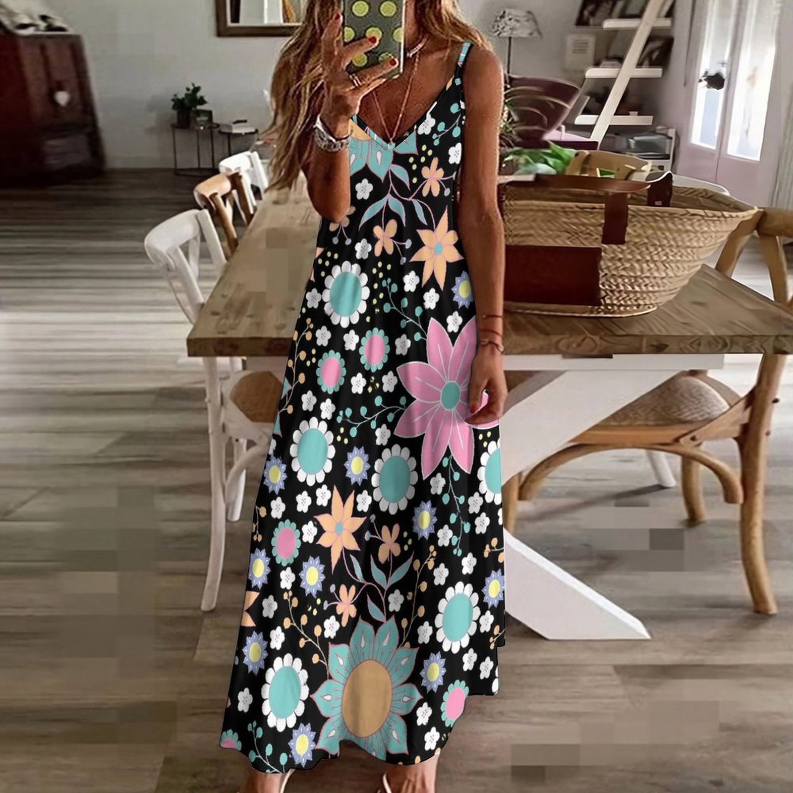 Boho Floral Dress Bohemian Style Hippie Beach Maxi Dress V Neck Casual