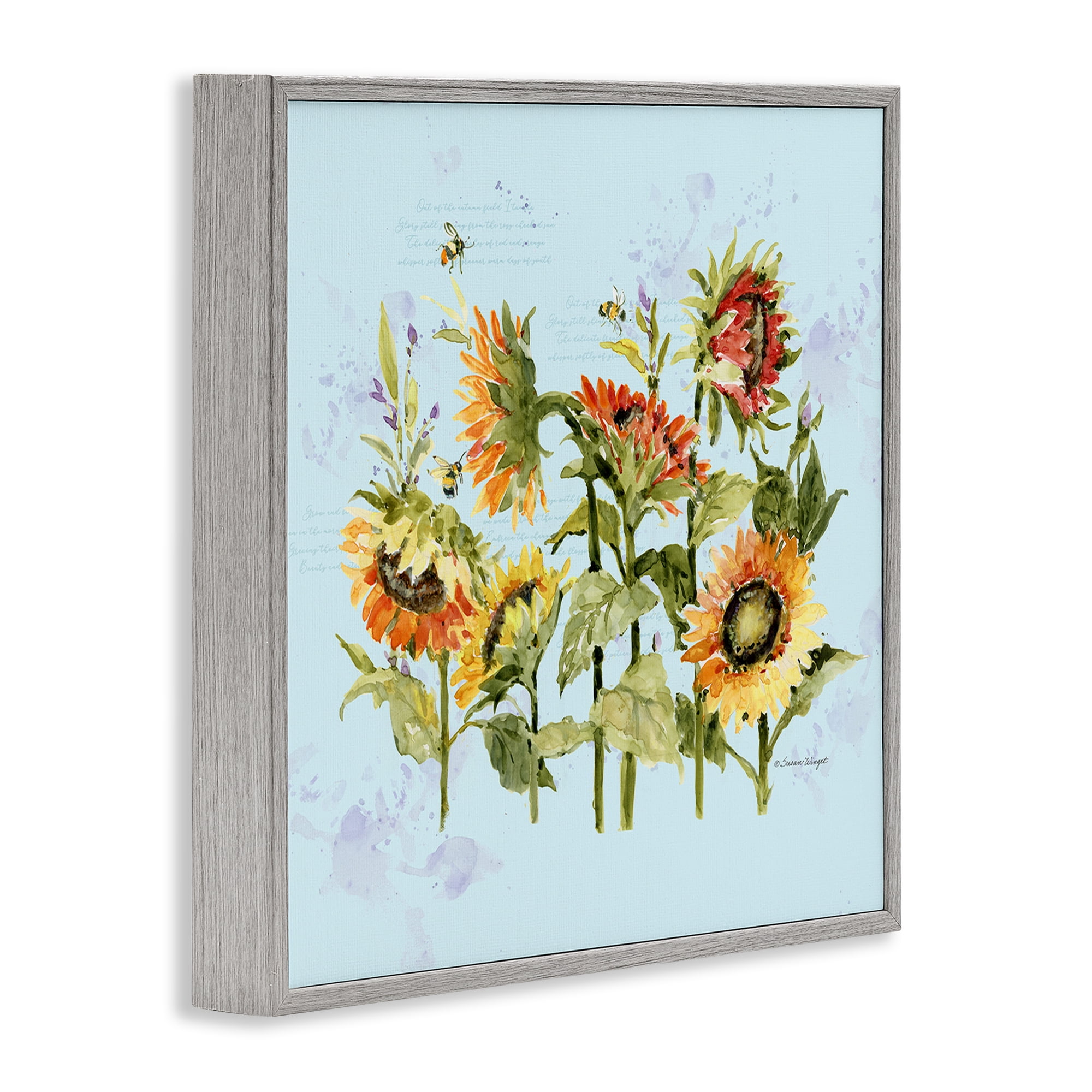 Stupell Industries Sunflowers & Bee on Blue Gray Framed Giclee Art, design by Susan Winget
