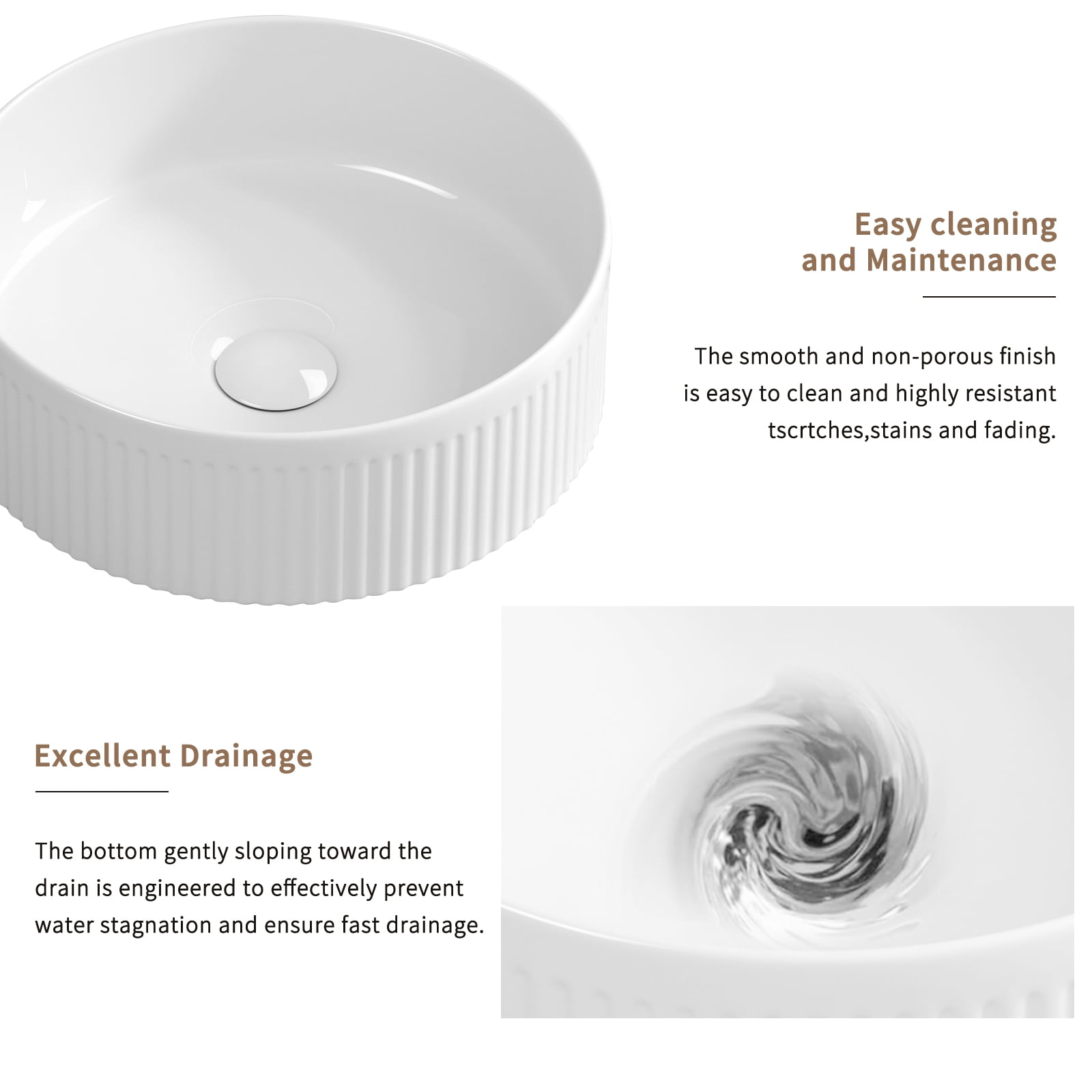 14" Round Ceramic Vessel Sink - Milk White Above Counter Bathroom Sink, Modern Wave Design, Porcelain Art Basin for Vanity Cabinet