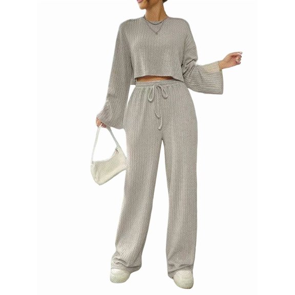 Women'S 2-Piece Set Cute Knitted Long-Sleeved Cropped Top T-Shirt and Wide-Leg Pants Casual Autumn Outfit Khaki XS
