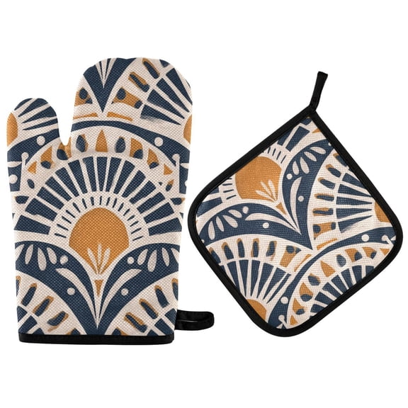 Yayeee Oven Mitts and Pot Holder Set of 2 Heat Resistant Kitchen Gloves Baking Hot Pad, Orange Art Pattern