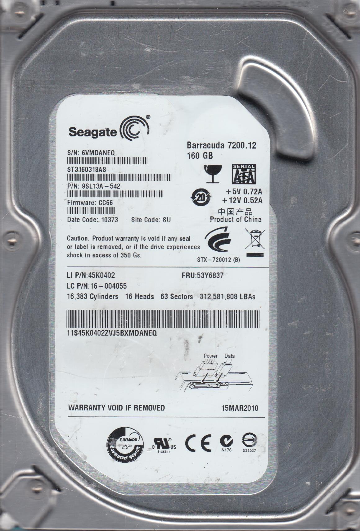 ST3160318AS, 6VM, SU, PN 9SL13A-542, FW CC66, Seagate 160GB SATA 3.5 Hard Drive - image 2 of 2
