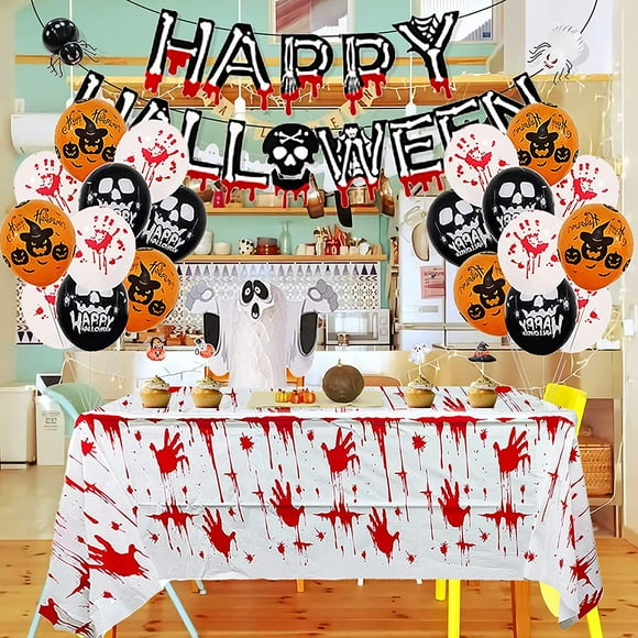 NewWook Halloween Balloon Arch Garland Kit, 32 pcs Balloons with Ghost Balloon and Bloody Banner Paper, Party Decoration with Adhesive Point and Ribbon for Halloween Day
