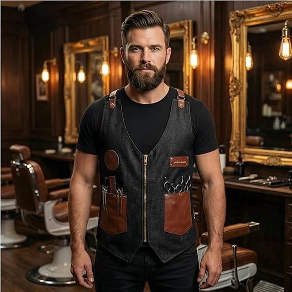 Men’s Lightweight Denim Barber Vest with Adjustable Straps, Sleeveless Salon Workwear with Zipper and Tool Pockets, Brown