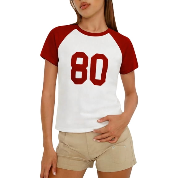 DHFJKG Crop Tops For Women Summer T Shirt Raglan Short Sleeve Streetwear Number Print Casual Crew Neck Summer Tee Color Block Versatile Tops