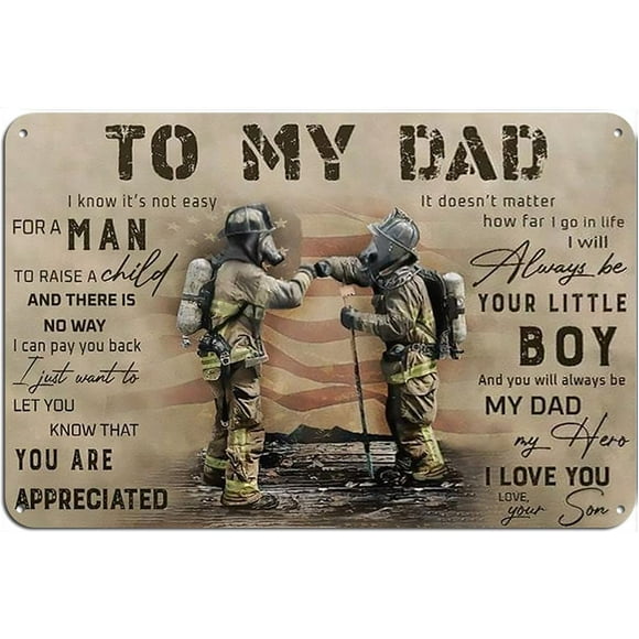 Vintage Tin Sign Firefighter to My Dad Canvas Firefighter Dad Fireman Dad and Son Funny Wall Decor for Home Cafes Pubs Club Plaque Tin Sign Sign GiftMetal 16" x 12"