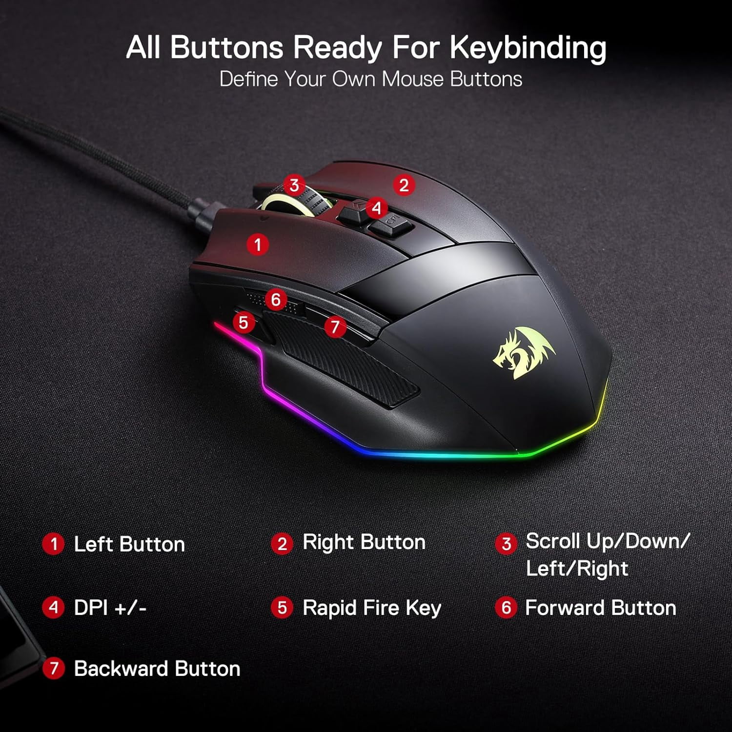 Redragon M813 Wired RGB Gaming Mouse with 4D Dual Mode Scroll Wheel, Optical Ergonomic Gamer Mo
