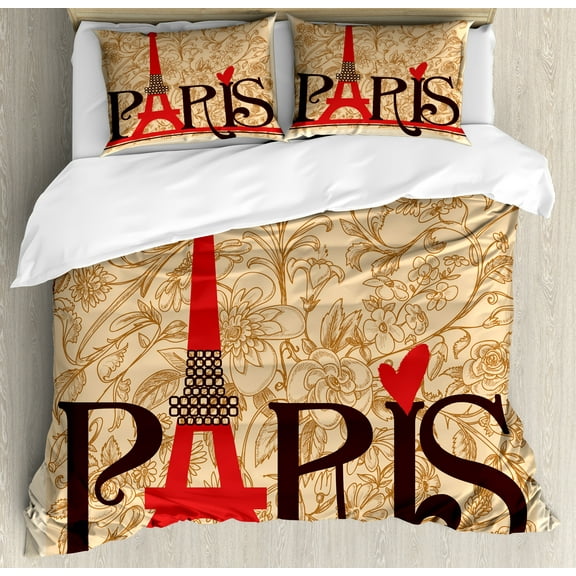 Vintage Duvet Cover Set, Paris Vintage Floral French Eiffel Tower City Holiday Postcards Gifts Print, Decorative 3 Piece Bedding Set with 2 Pillow Shams, Calking Size, Red Brown Ecru, by Ambesonne