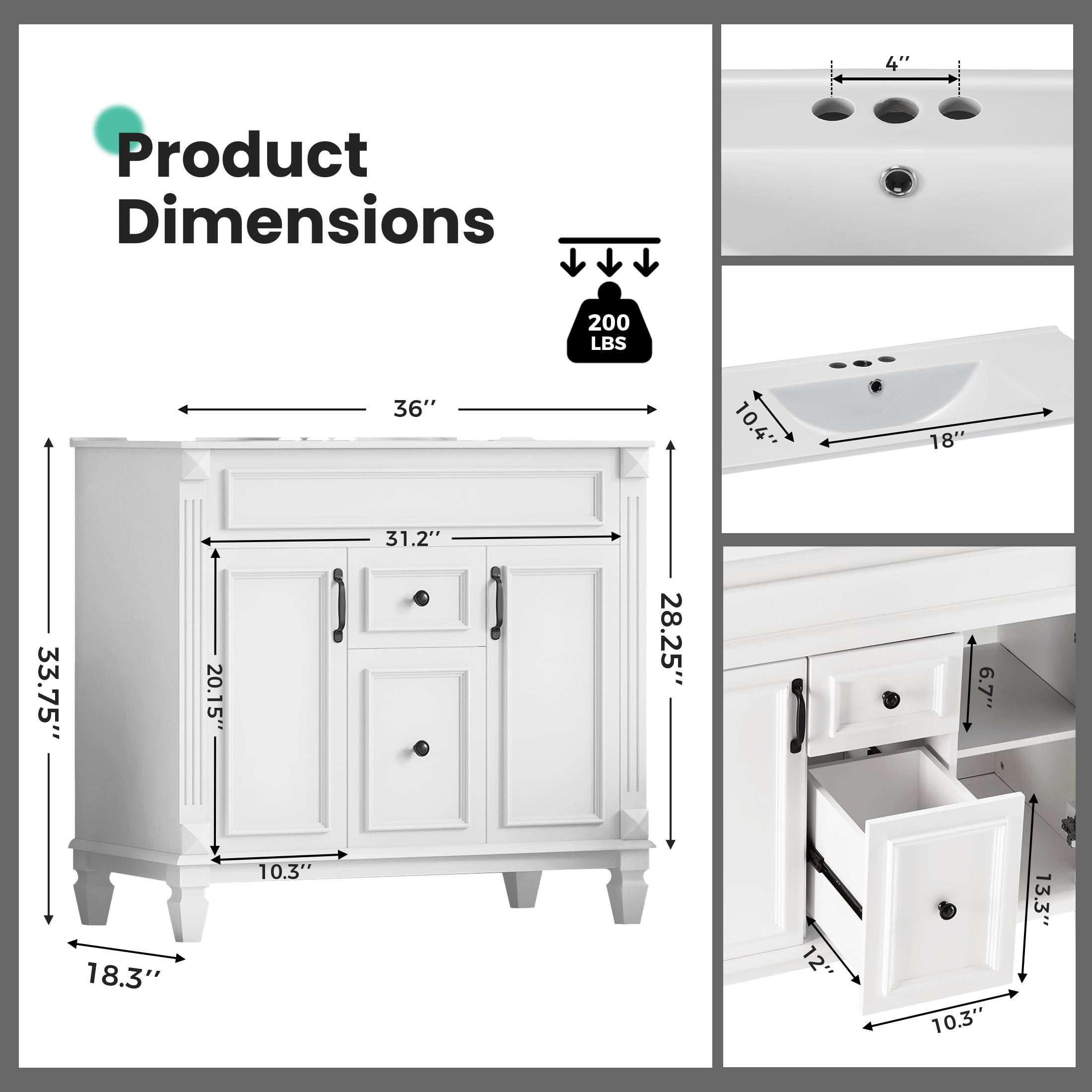 EDX 36-inch Bathroom Vanity Cabinet, Freestanding Modern Cabinet