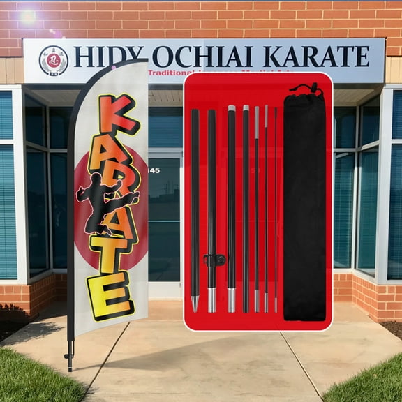 QSUM Karate Feather Flag with Flag Pole Kit and Ground Spike, 8.2FT Karate Windless Flag Banner Sign Business for Outdoor Advertising Sign Decoration Display