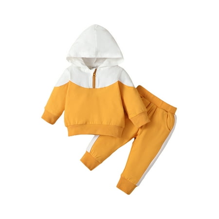 

aturustex 2PC Newborn Baby Boy Clothes Set Contrast Color Long Sleeve Hooded Zipper Tops Pants 0M 3M 6M 9M 12M 18M