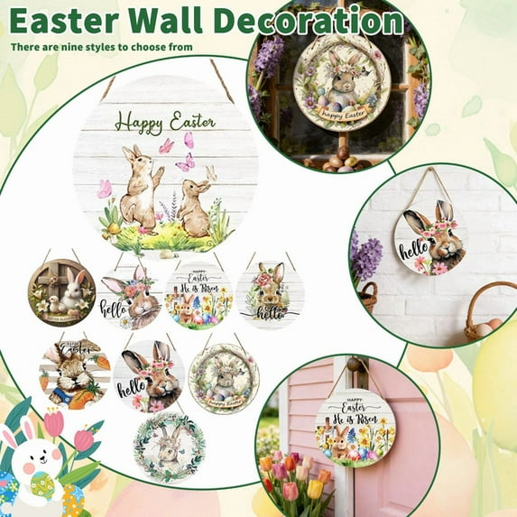 Round Wooden Hanging Sign with Bunny Floral Print Hello Lettering Rustic Wall Decor for Indoor Outdoor Use