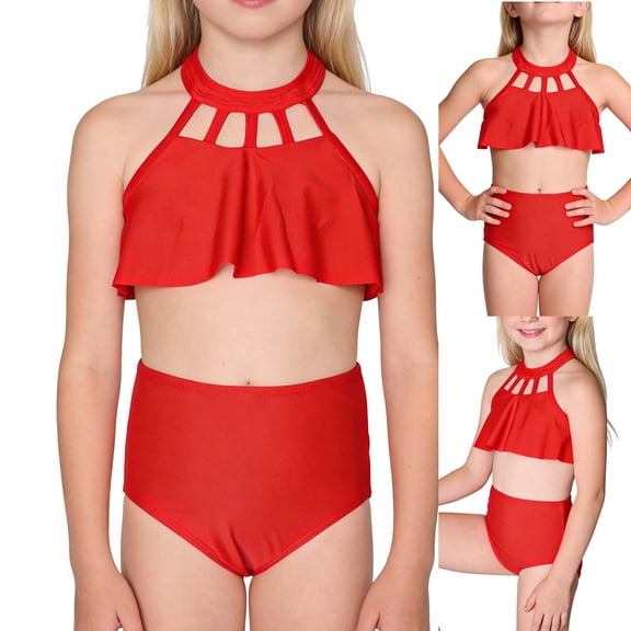 BRGZLK Girl's 2 Piece Tankini Swimsuit Summer Fashion Solid Color Textured Twist Front Ruched Ruffle High Waist Shorts Beach Bikini Bathing Suits for Teen Girls Red A 11-12 Years