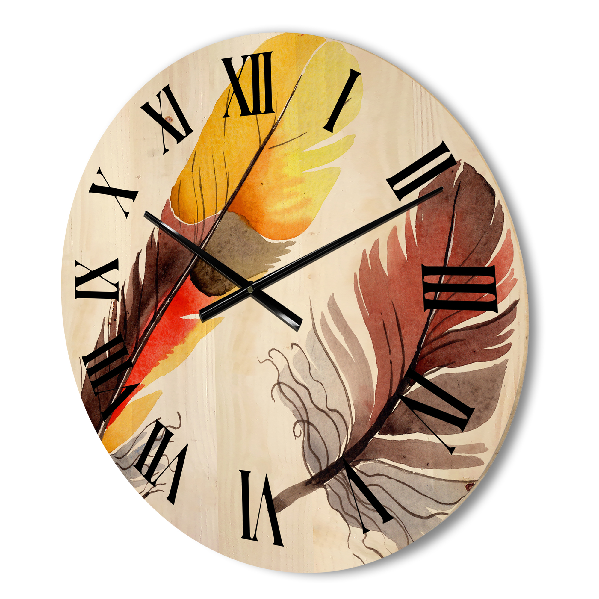 Designart 'Colourful Boho Art Feathers IV' Bohemian & Eclectic Wood Wall Clock