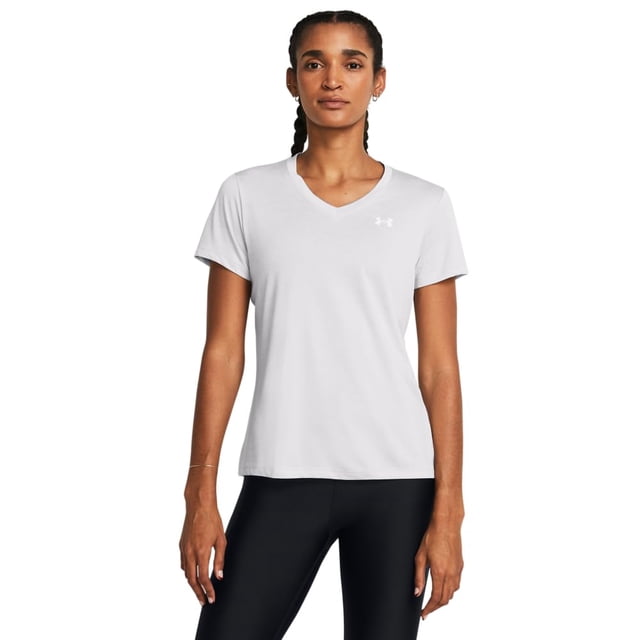 Camisa Under Armour Tech Twist con cuello en V y halo gris para mujer, talla L