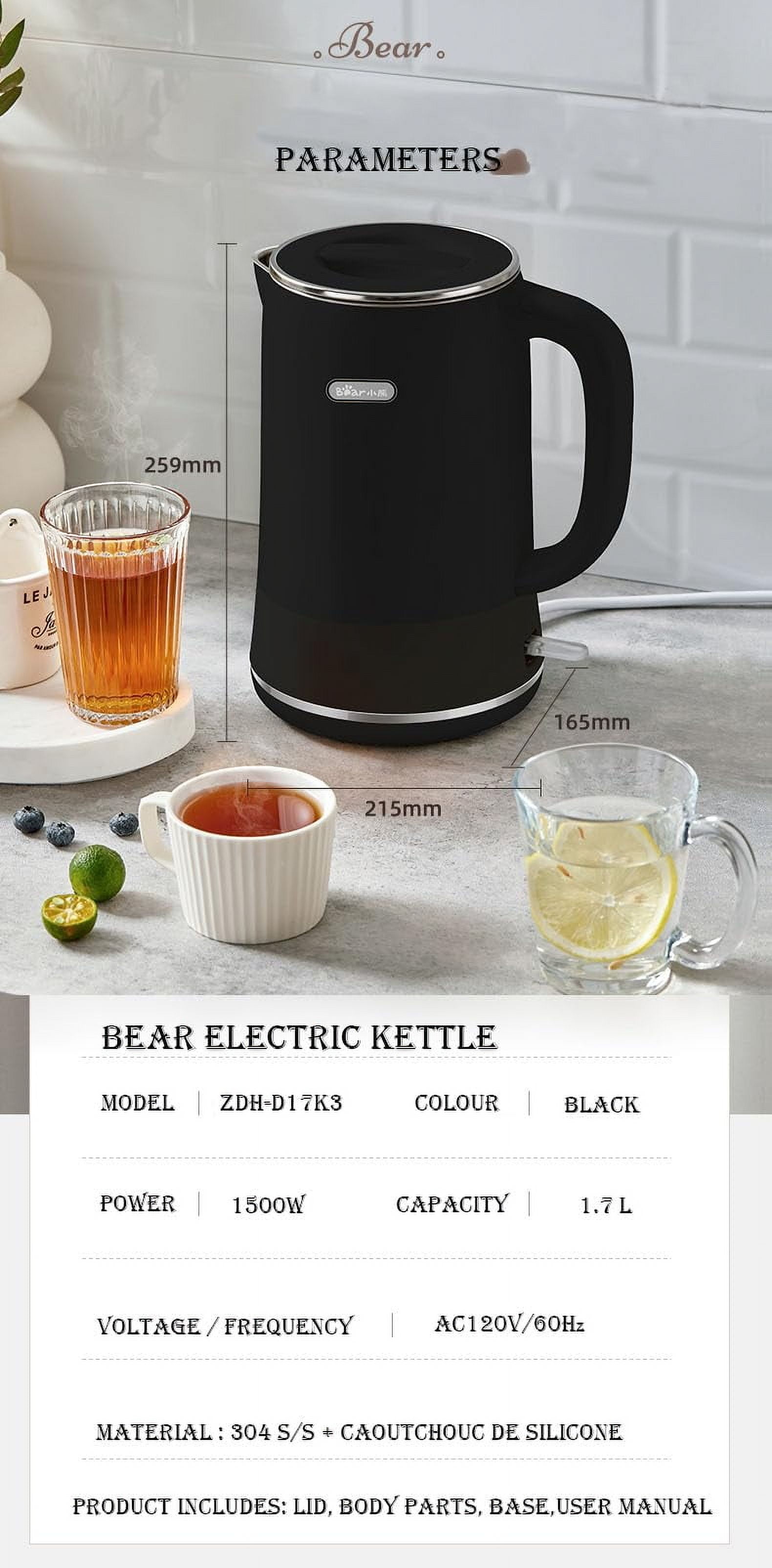 Bear Electric Kettle, Tea Kettle,1.7L, Fast boiling with 304 S/S Inner pot and lid, Auto Shut Off and Boil Dry Protection, 1500W, Black