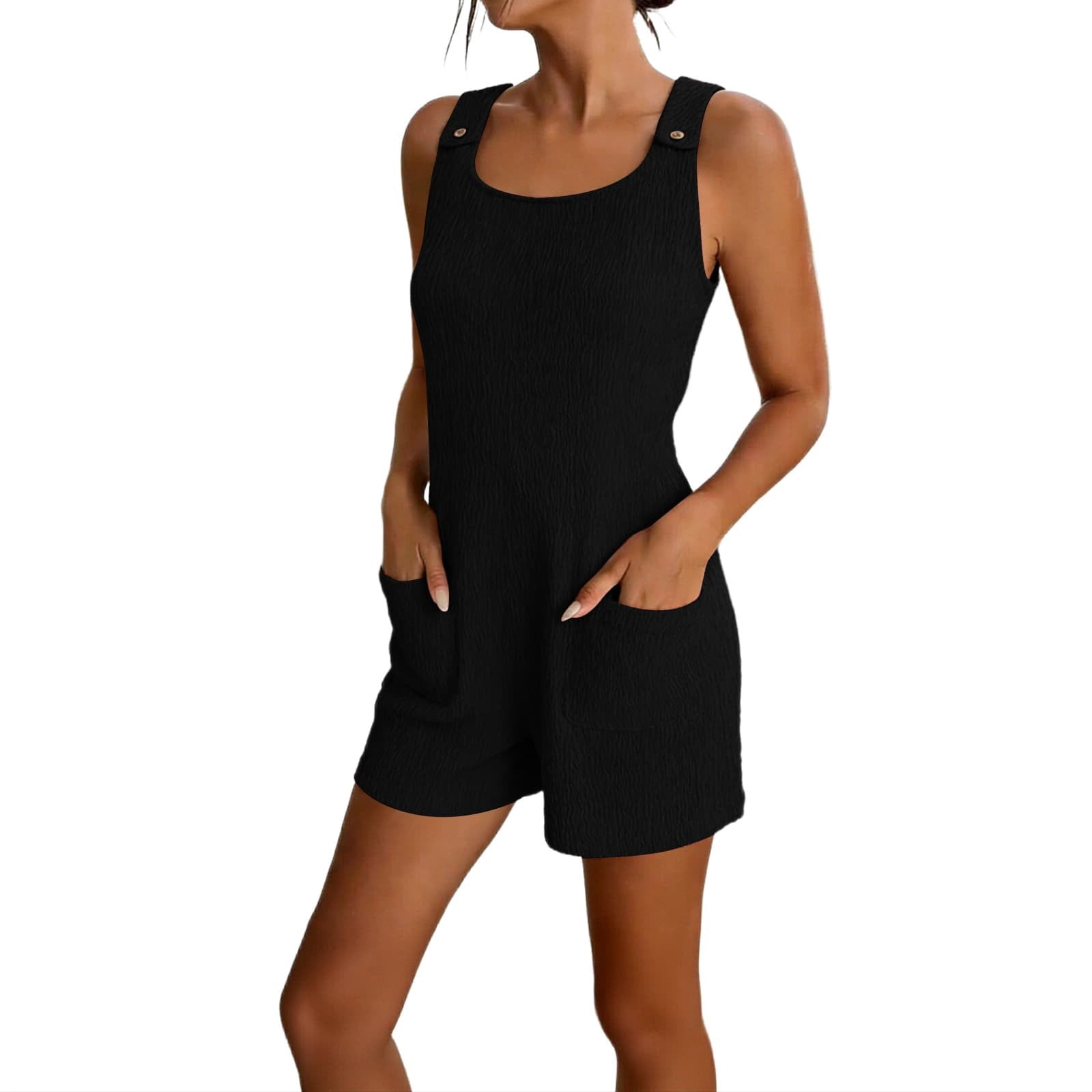 Feancey Women's Short Overalls Summer Sleeveless Loose Romper Shorts Lightweight Casual One Piece Jumpsuits with Pockets for Beach Vacation Black XL