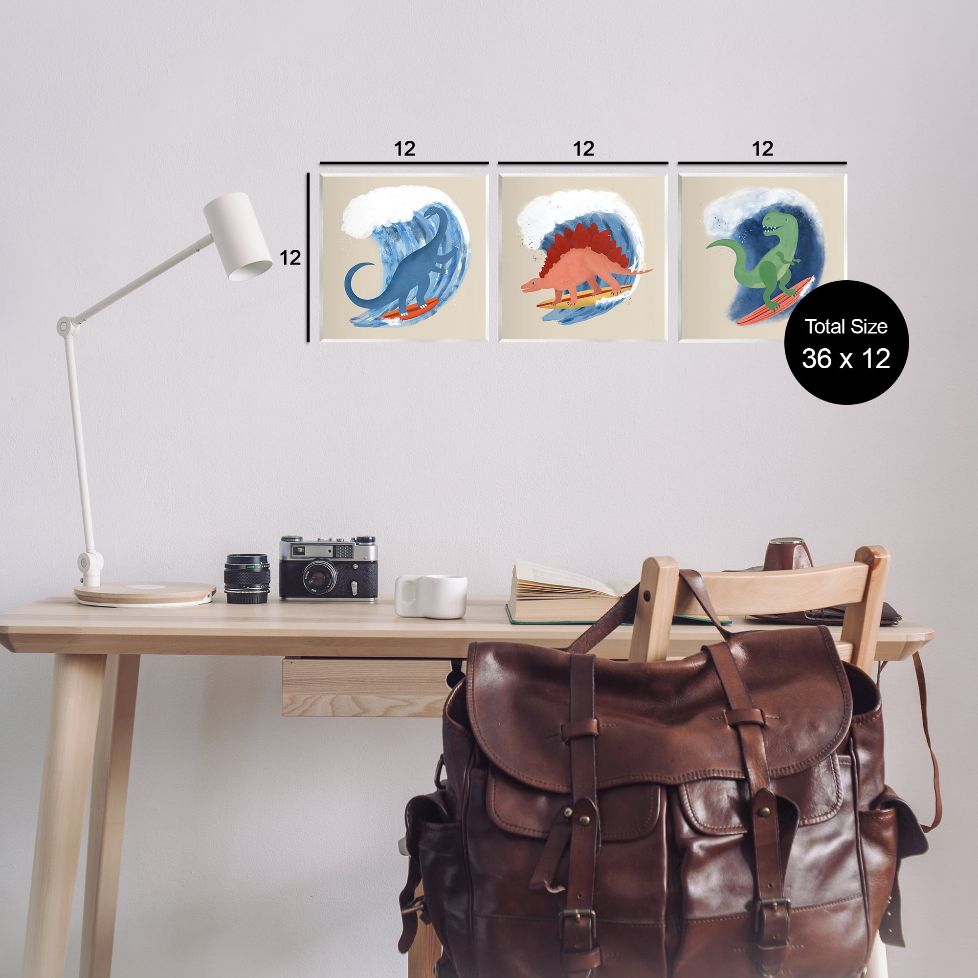 Stupell Industries Dinos Surfing Beach Waves Animals Painting Unframed Art Print Wall Art, 12 x 12, Set of 3