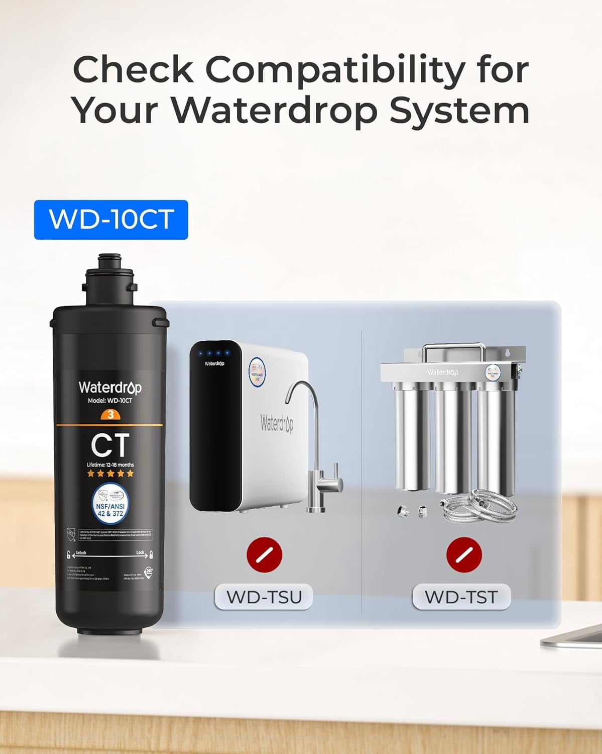 Waterdrop WD-10CT Under Sink Water Filter, Replacement TSA & TSB 3-Stage Under Sink Water Filter System