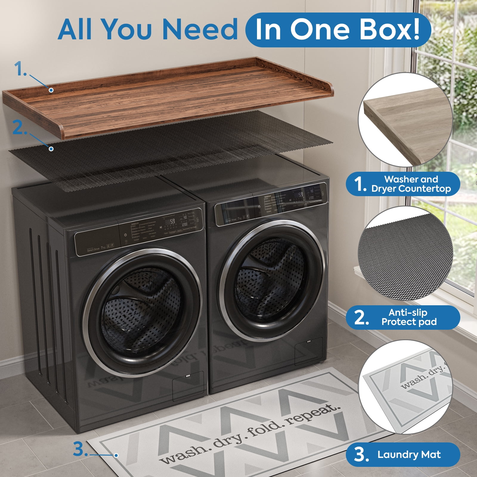 27.6" D x 54" W Wood Washer Dryer Countertop with Anti-Slip Pad, Laundry Room Organization Set, Dryer Covers for The Top with Edge Rails, Washer Dryer Topper for Laundry Room, Walnut