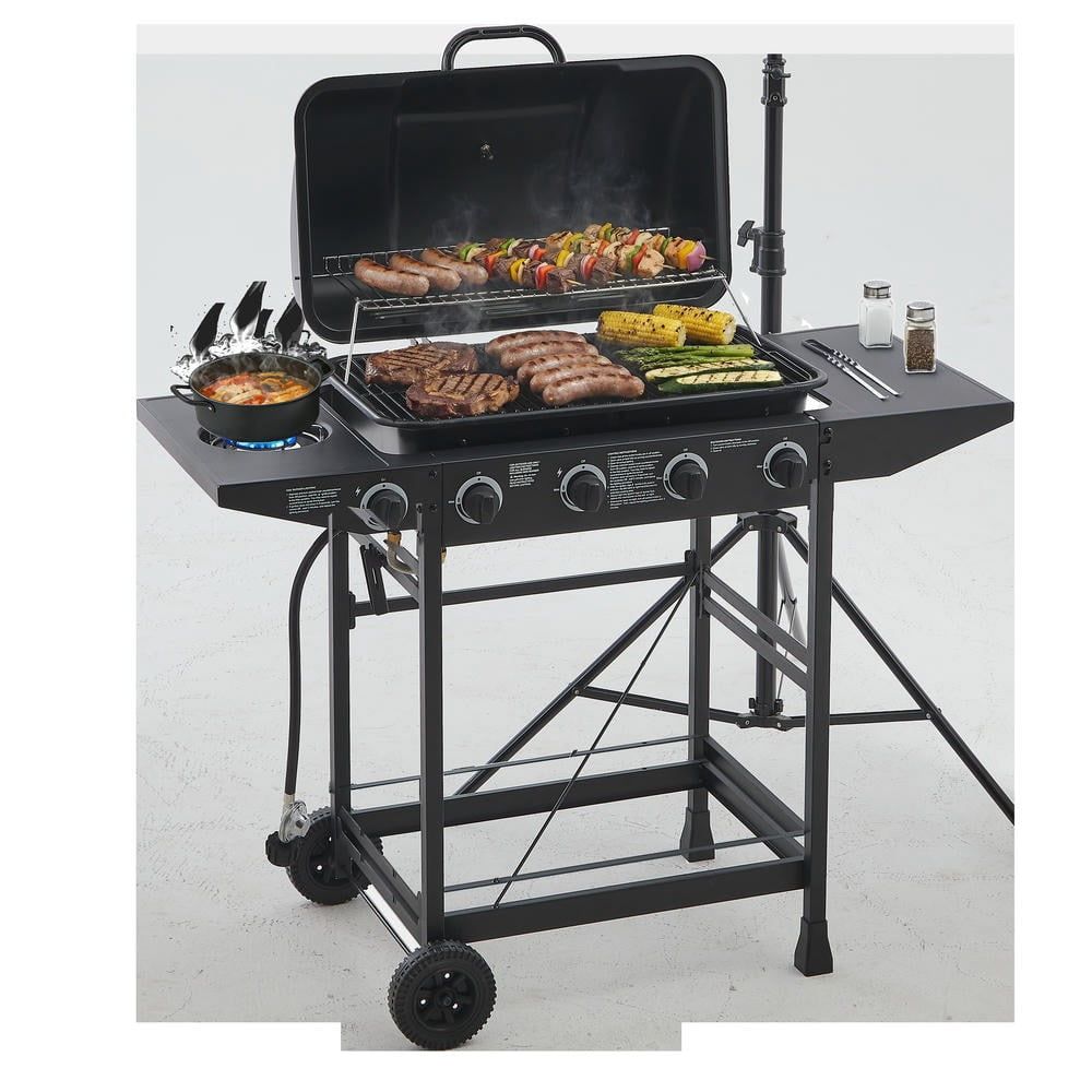Kadyn Stainless Steel BBQ Grill, 4 Burner, 42,000 BTU with Side Table & Enamel Grates, Black