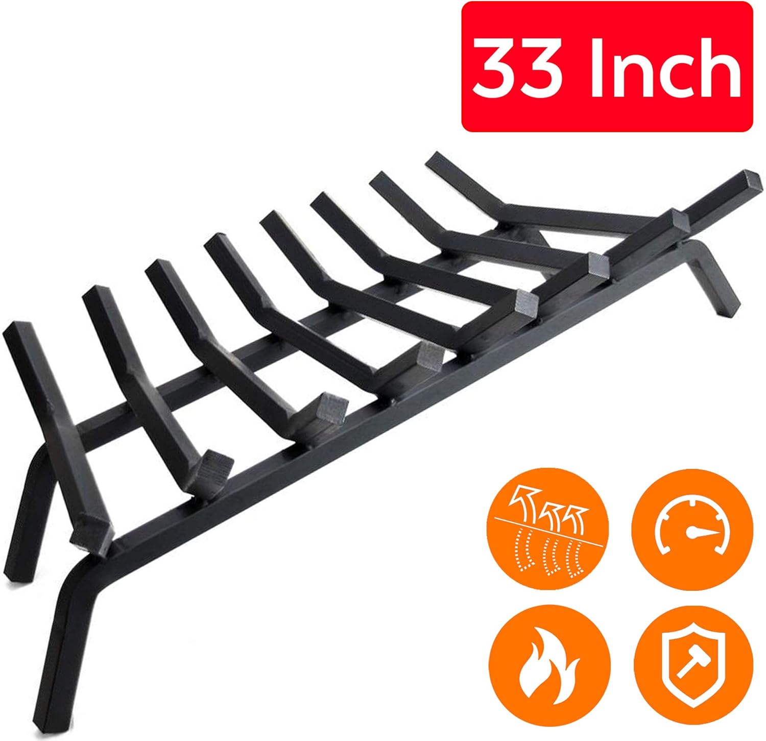 Mintazer 33" Heavy Duty Fireplace Grate, 8-Bar 3/4" Square Steel Firewood Log Burning Rack, Multi-Purpose Indoor Outdoor Fire Pit Fireplace Accessories, Black