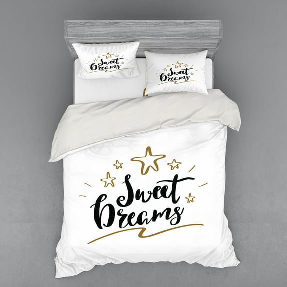 Saying Duvet Cover Set, Hand Written Style Typography with Doodle Stars Positive Phrase, Bedding Set with Shams and Fitted Sheet, 3 Sizes, by Ambesonne