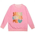 thumbnail image 4 of Hwmodou Girls Sweatshirt "Jesus Loves Me" Crewneck Printed Long Sleeve Fall Winter Simple Athletic Top,3-14Y, 4 of 4