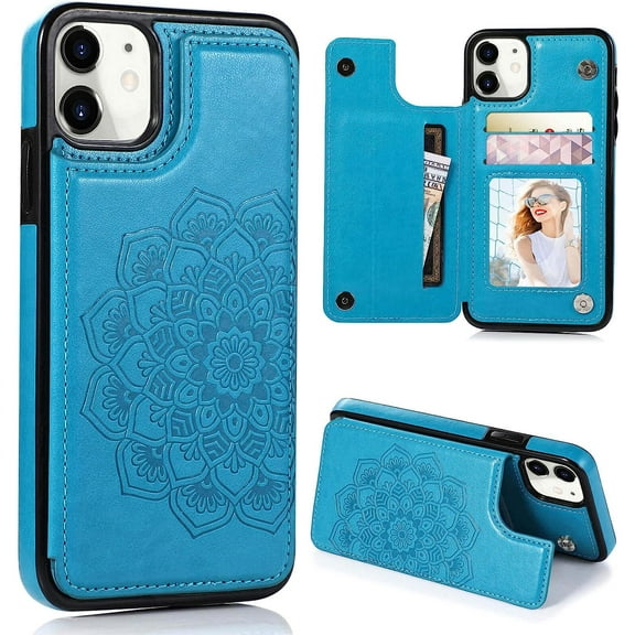 for iPhone 12 Pro/iPhone 12 Wallet Case with Card Holder,Mandala Emboss PU Leather with Kickstand Credit Card Slots Magnetic Clasp Slim Flip Cover for iPhone 12/12 Pro 6.1 Inch (Blue)