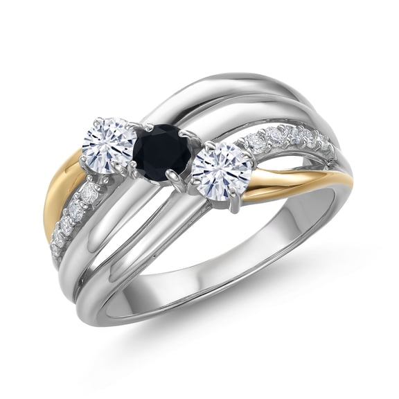 Gem Stone King 925 Silver and 10K Yellow Gold Moissanite and Black Onyx and Lab Grown Diamond Engagement Ring for Women | 0.83 Cttw | Round 4MM | Birthstone | Size 5